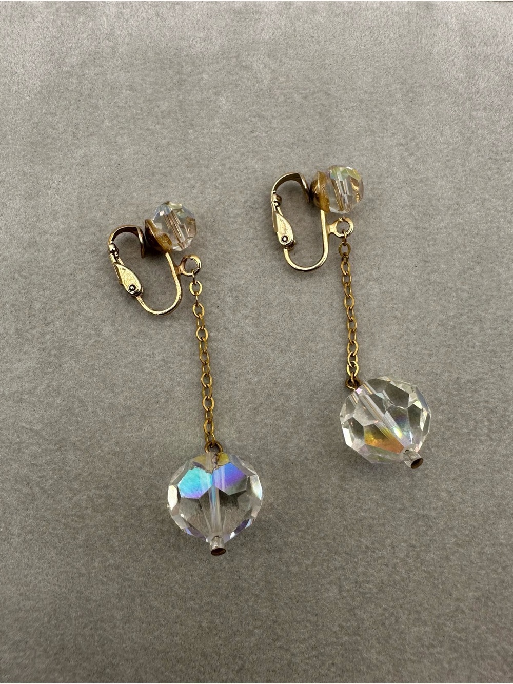 Vintage Gold-Tone Drop Clip-on Earrings with Iridescent Crystal Beads